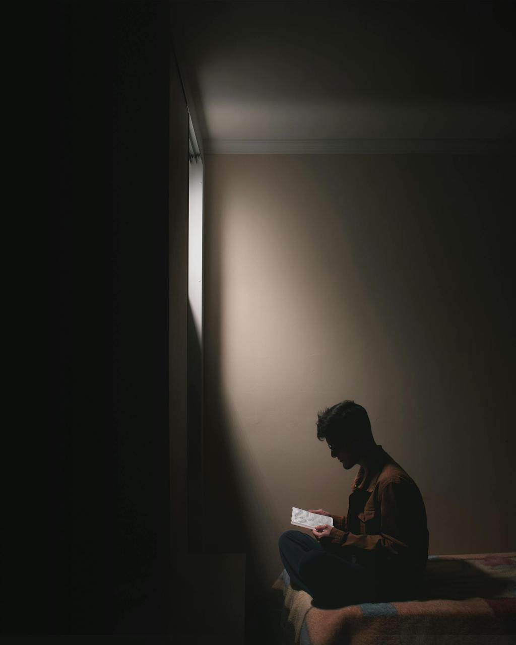 A silhouetted man reading a book in a dark room, vaguely illuminated by a high window.